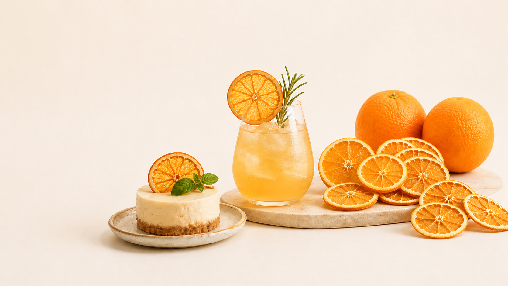 Dried orange slices served with a citrus drink and dessert