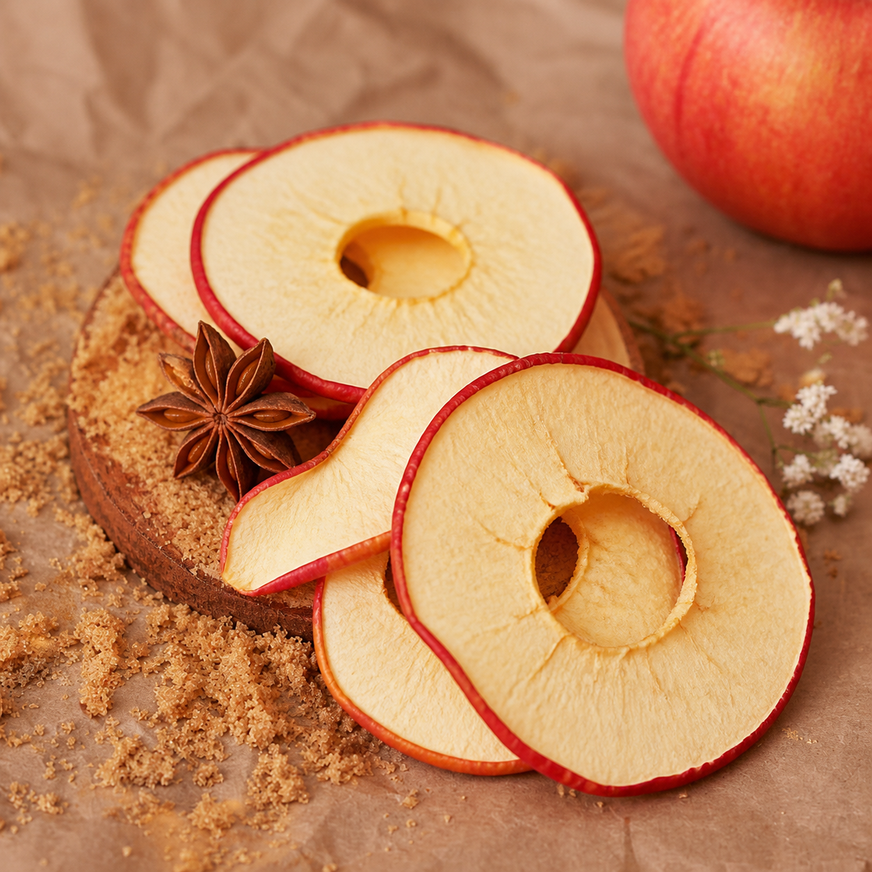 Dried apple rings with a fresh red apple